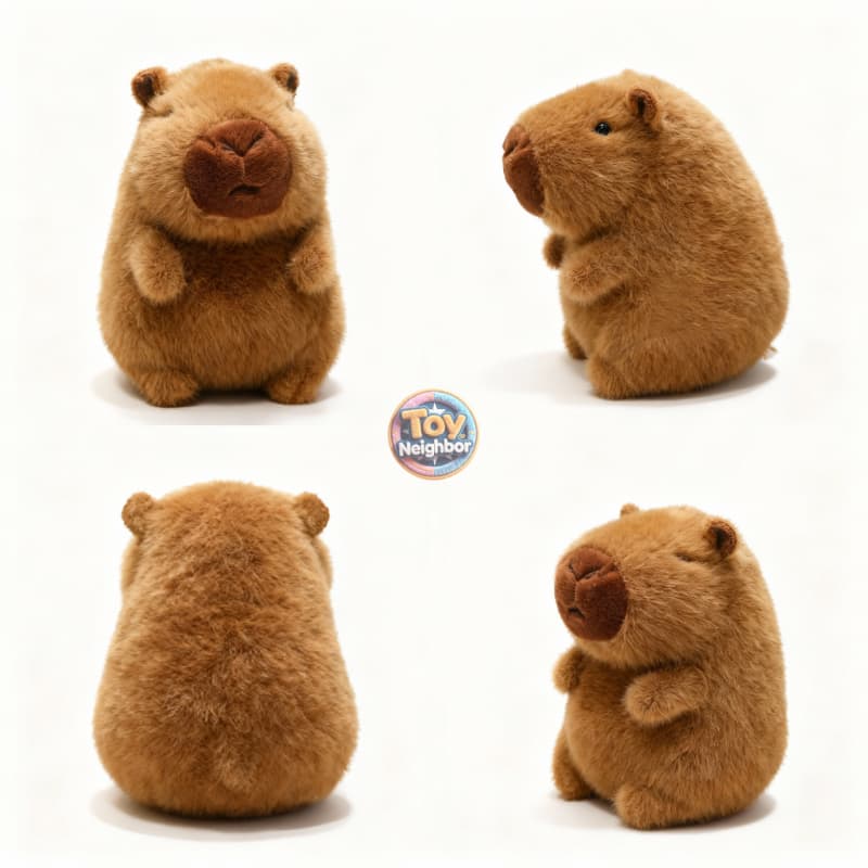 Brown capybara plushie with a detachable apple bag, measuring 7.8 inches, from ToyNeighbor. Cute stuffed animal design.