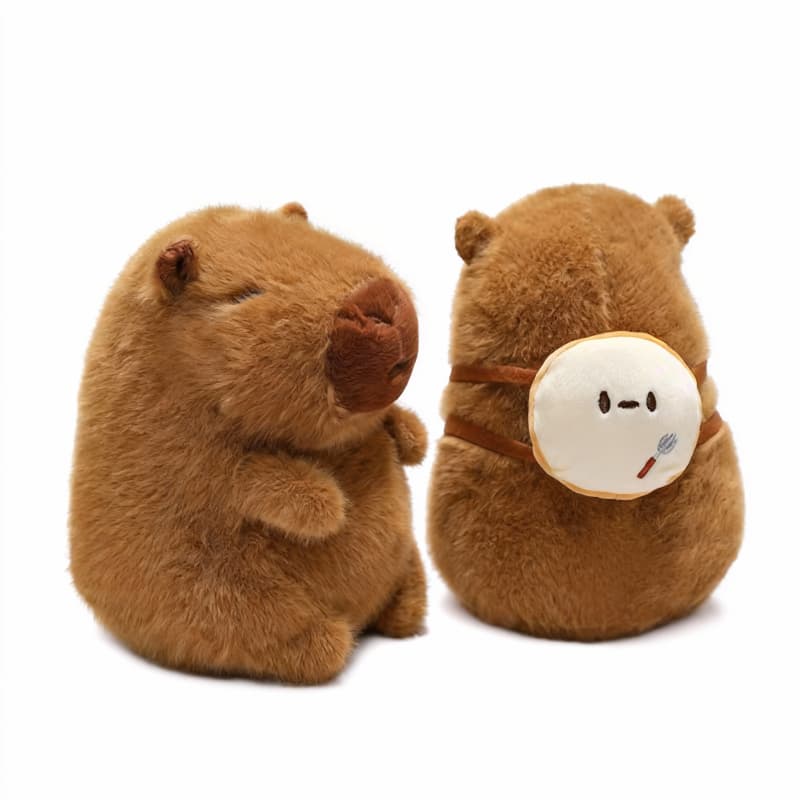 Brown capybara plushie holding a bread bag, 7.8 inches tall, from ToyNeighbor, showcasing its cute and cuddly design.