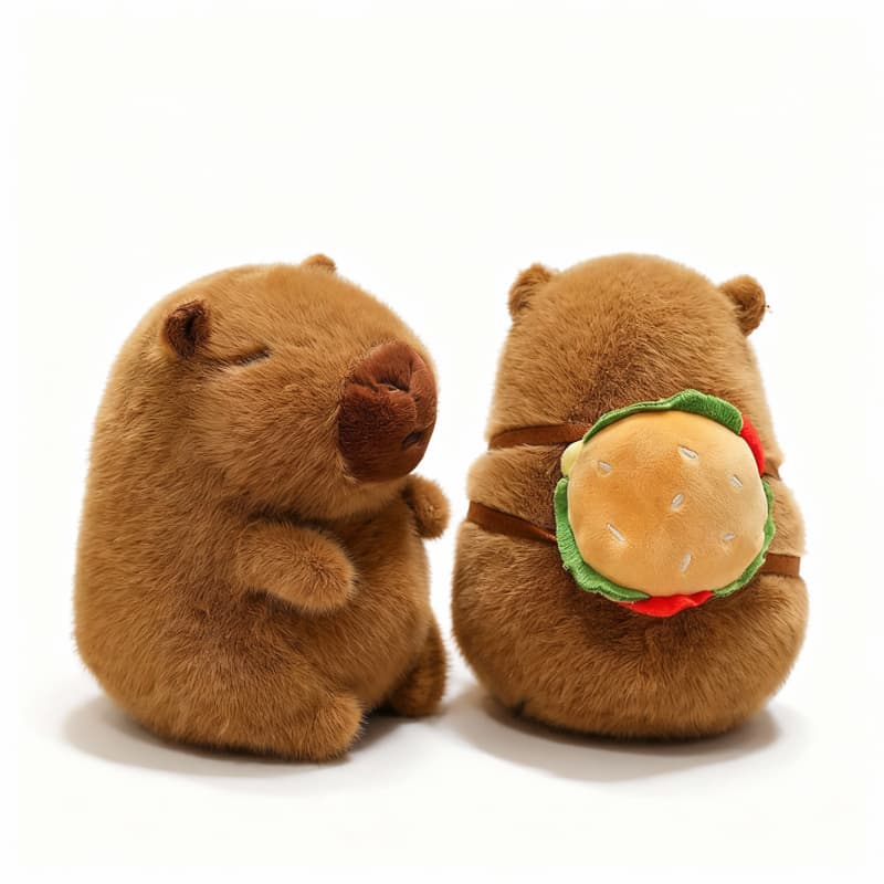 Cute 7.8" brown capybara plushie holding a burger bag, designed by ToyNeighbor for cuddly companionship.
