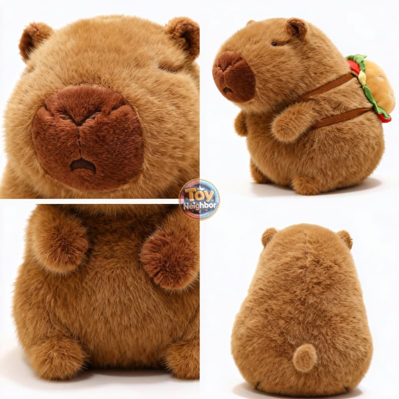 Brown capybara plushie with a burger bag, 7.8 inches, by ToyNeighbor, featuring cute and soft details.