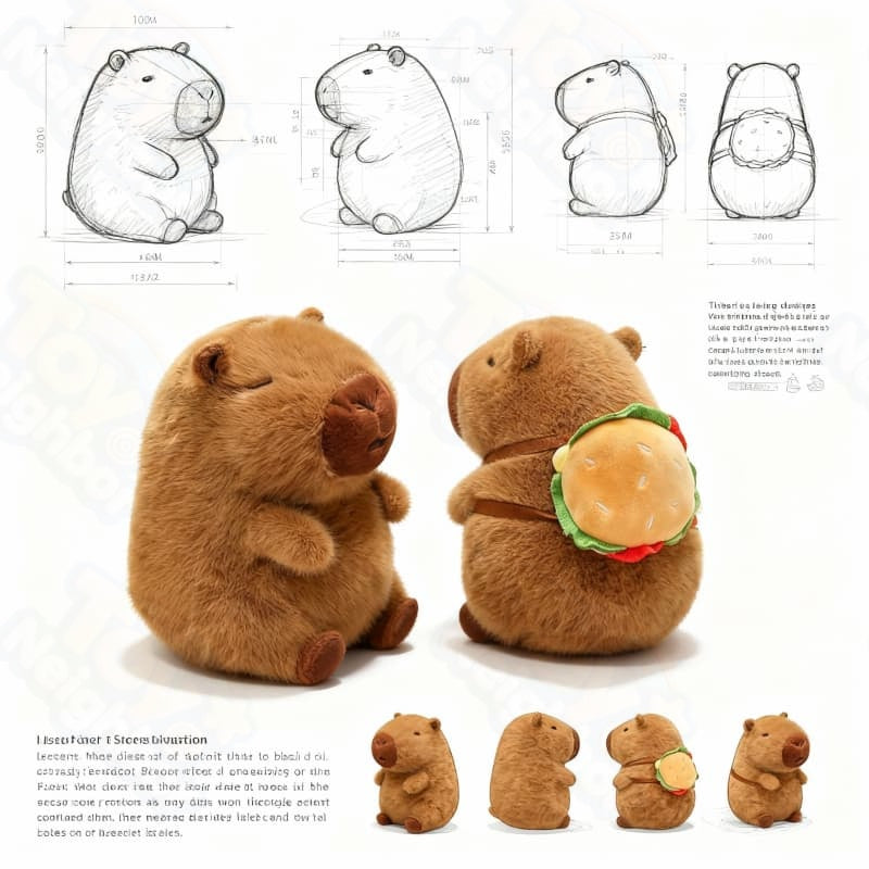Brown capybara plushie with a burger bag, 7.8 inches tall, by ToyNeighbor, showcasing its cute and soft design.