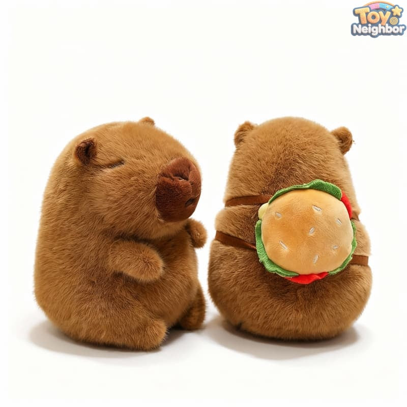 Cute 7.8" brown capybara plushie with a burger bag, perfect for cuddles and imaginative play, by ToyNeighbor.