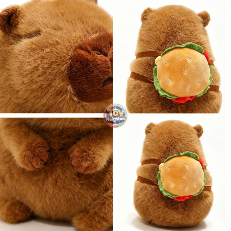 Brown capybara plushie with a burger bag, 7.8 inches, from ToyNeighbor, featuring cute, soft details.