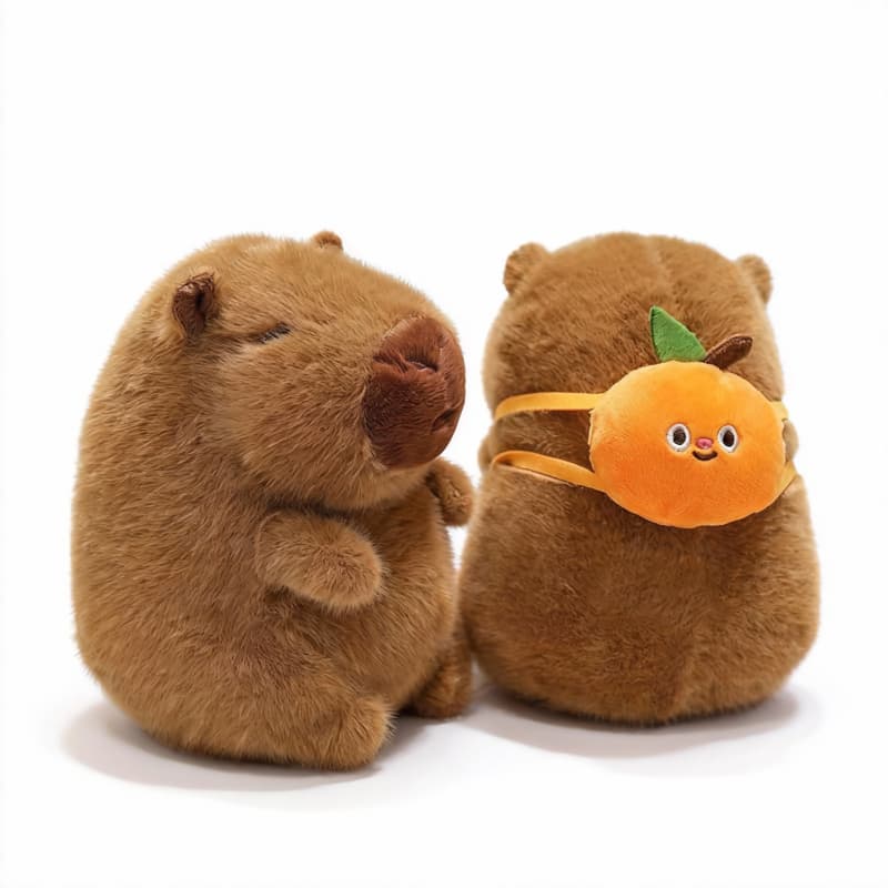 Brown capybara plushie by ToyNeighbor with a cheeky bag, measuring 7.8 inches, showcasing its cute, soft features.