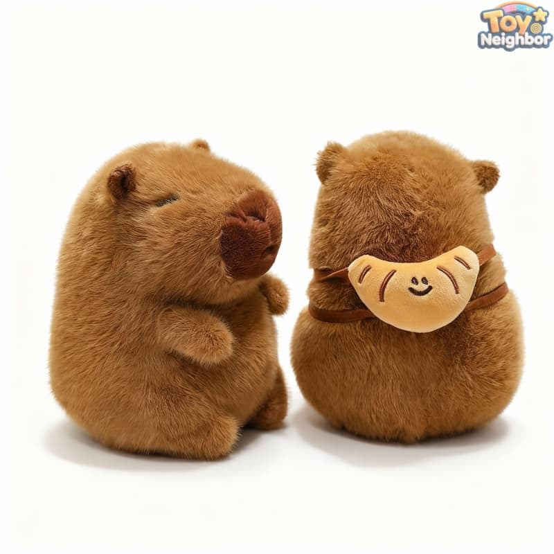 Brown capybara plushie with a croissant bag, 7.8 inches tall, soft and cute stuffed animal by ToyNeighbor.