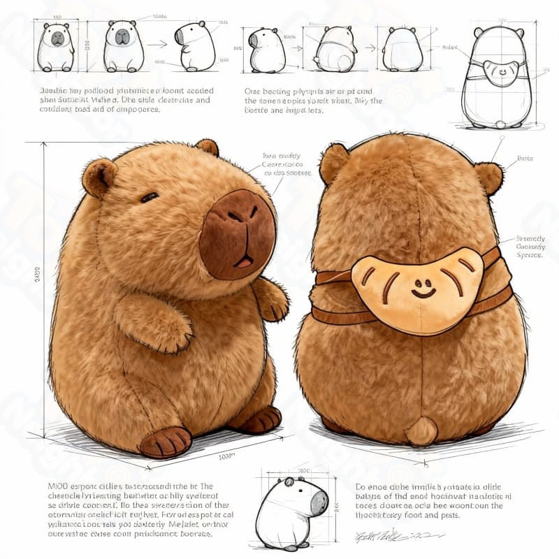 Brown capybara plushie with a croissant bag, 7.8 inches, showcasing its cute features and soft texture.