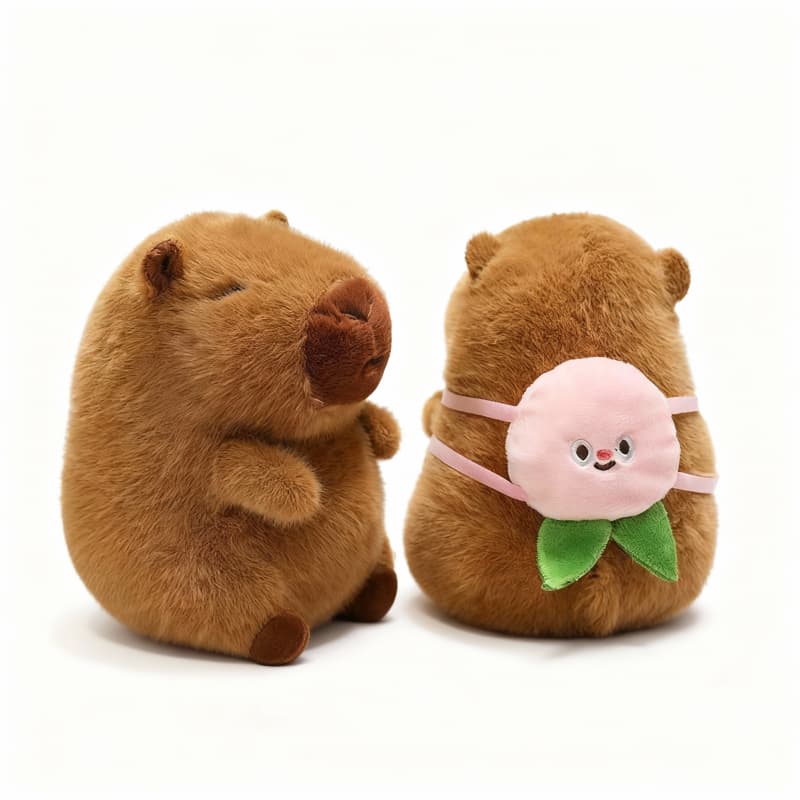 Brown capybara plushie by ToyNeighbor with a peach bag, measuring 7.8 inches, showcasing its cute and soft design.