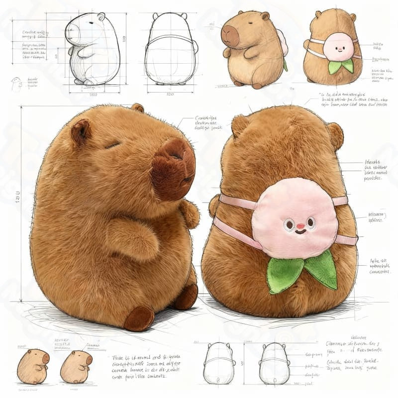 Brown capybara plushie with a peach bag, measuring 7.8 inches, from ToyNeighbor, showcasing its cute and cuddly design.