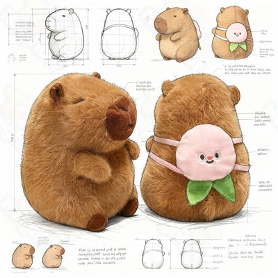Brown capybara plushie with a peach bag, measuring 7.8 inches, from ToyNeighbor, showcasing its cute and cuddly design.