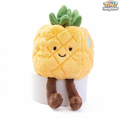 Cute 7.87" pineapple plushie with a smiling face, soft texture, and vibrant green leaves, perfect for cuddling.