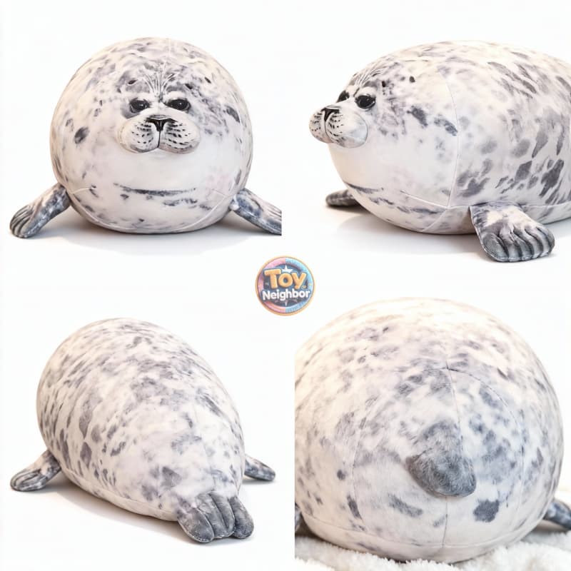 Ultra soft gray spotted seal plushie from ToyNeighbor, showcasing its cute design and cuddly texture.
