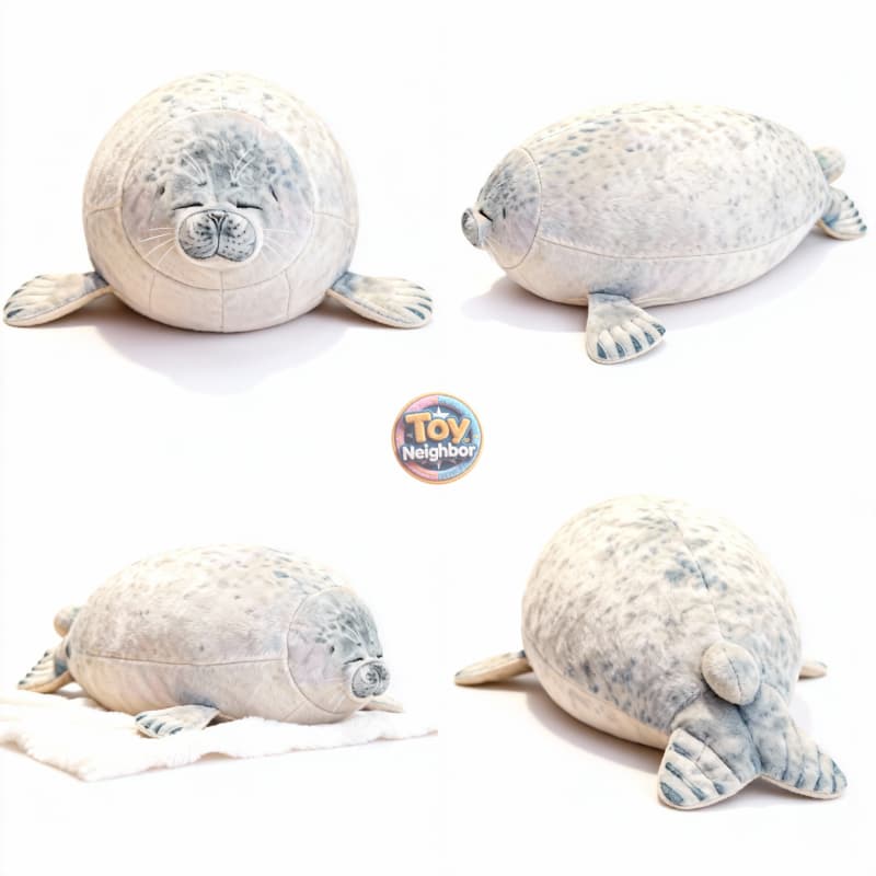 Soft gray spotted seal plushie from ToyNeighbor, featuring closed eyes and a cuddly design, measuring 7-23 inches long.