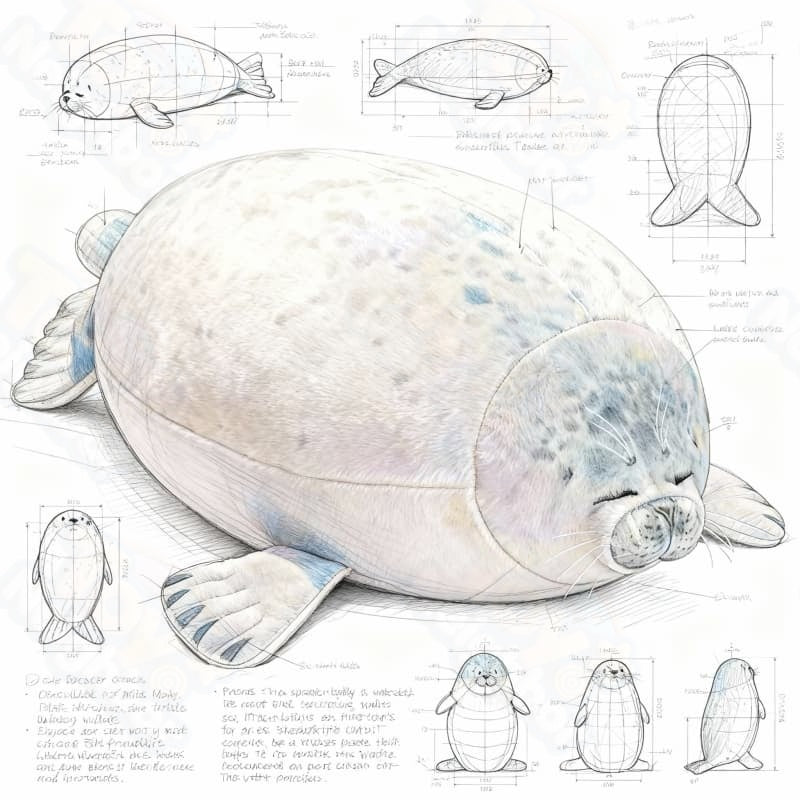 Soft gray spotted seal plushie by ToyNeighbor, featuring closed eyes and a cuddly design, measuring 7-23 inches.